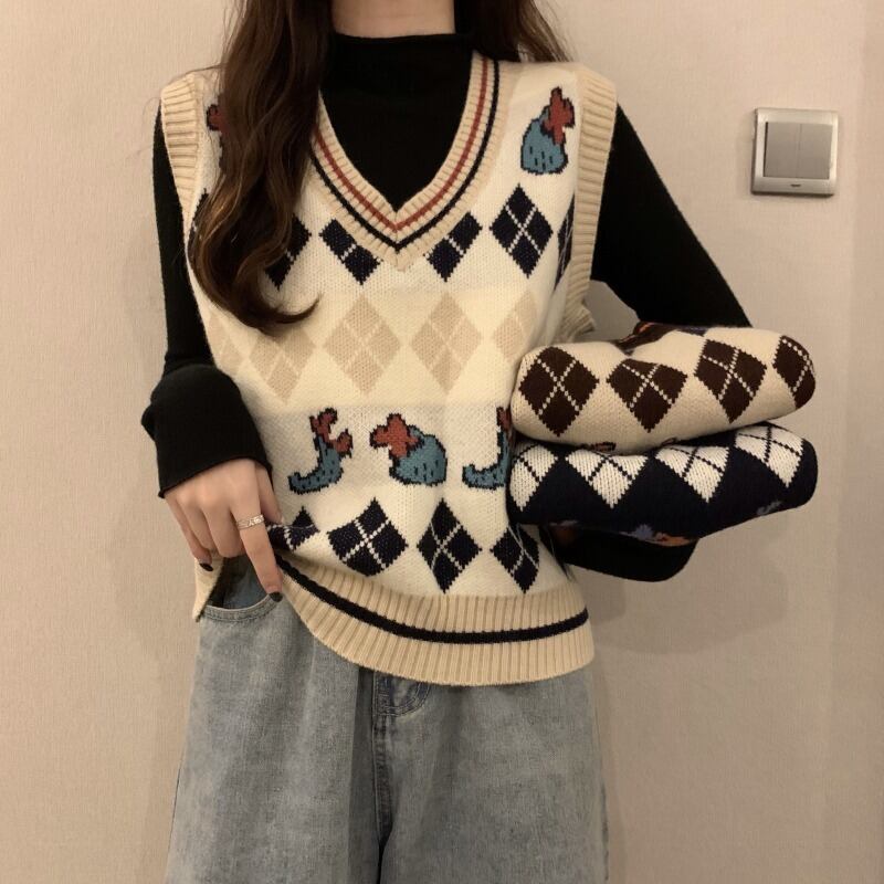 オータムルーズVネックジャカードニットジャケット セーター トップス 秋物 YY-ファッション62040927813