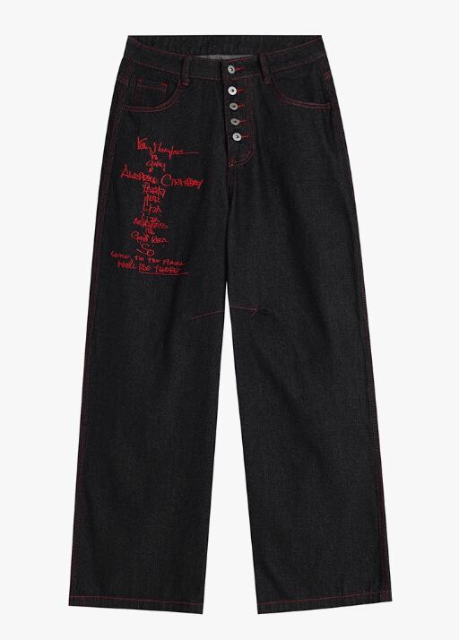 Embroidered Button Denim Pants 0001