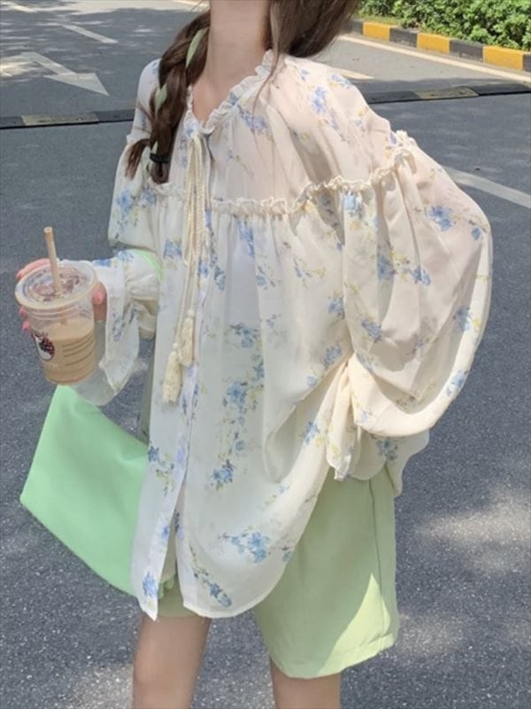 ドーリーシフォンブラウス フェミニン ガーリー 花柄 白 細見え 大きいサイズ 韓国 Ch36 可愛い大きいサイズ韓国レディースファッション 通販 Chulachula チュラチュラ