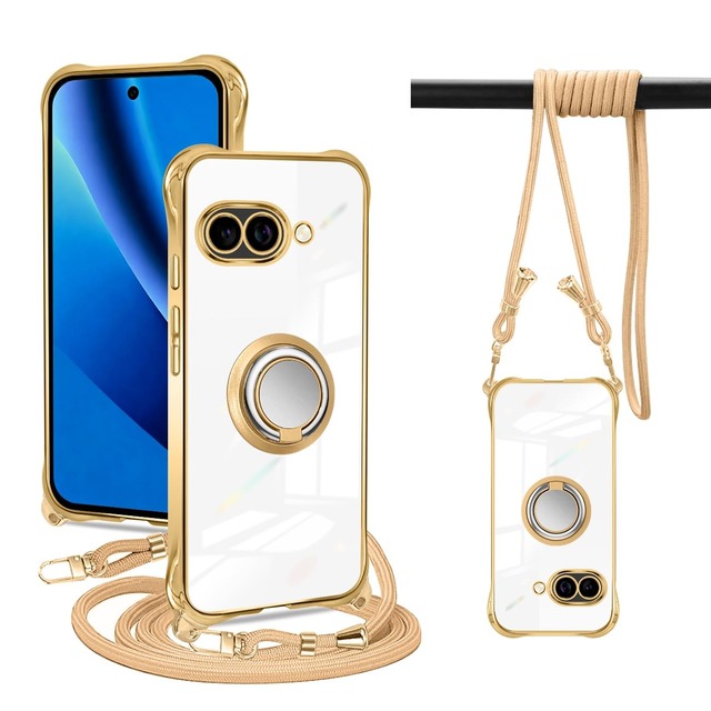 PAILAIMEN Google pixel 10A ケース クリア ネック リング付き ショルダー グーグルピクセル10a カバー 耐衝撃 対応 pixel 10a スマホケース 肩掛け 斜めかけ 縄掛け 透明 TPU ストラップ付き 薄型 軽量 紐付き ネックストラップ ショルダー 肩掛け 縦/横 2WAY 長さ調整可能 取り外し可能 落下防止(ゴールド)