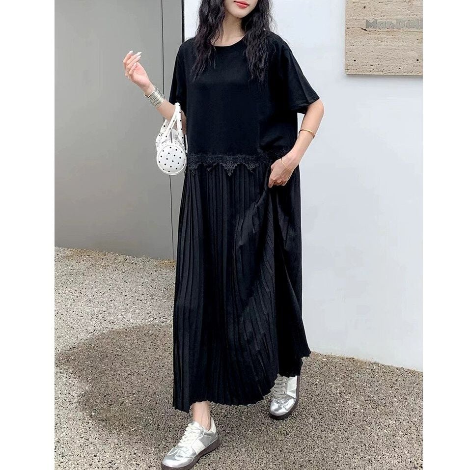 LACE WAIST PLEATED SKIRT LONG T-SHIRT DRESS 2colors M-14054