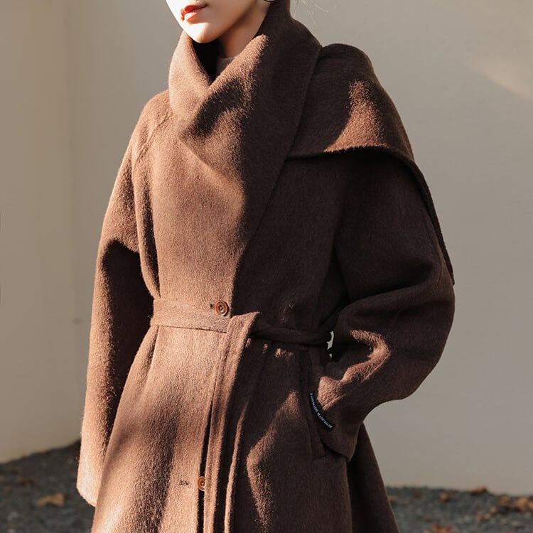 ベルト付き マフラー調ネック ロングコート 2col H10564