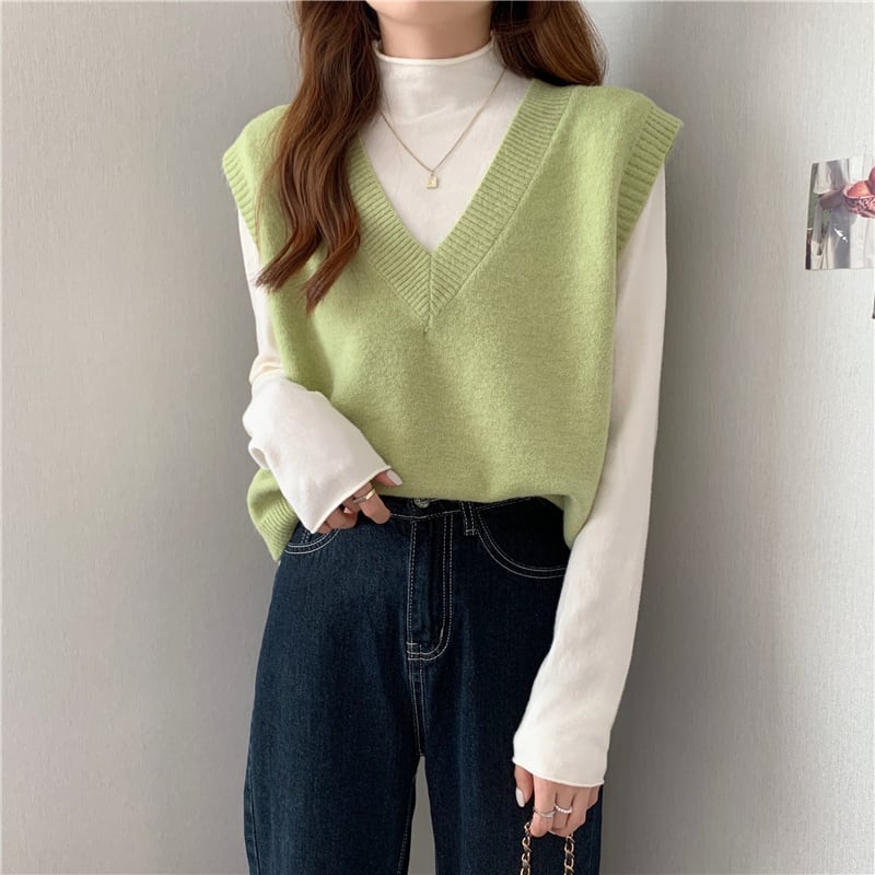 トップス ニットソー セーター ベスト 袖なし ノースリーブ Vネック 襟