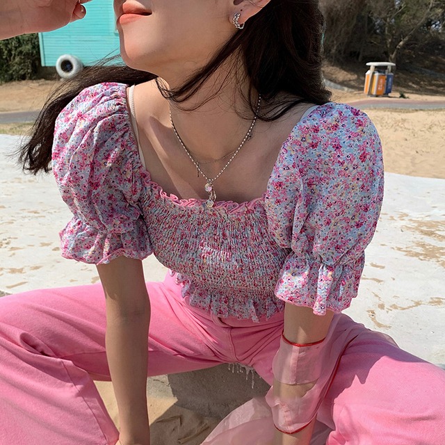 ショートトップス サマー半袖スリーブカラースリムプリーツフローラルシャツ ハーフスリーブ 夏物 花柄 スクウェア ビッグFスモールZ韓国92552054288