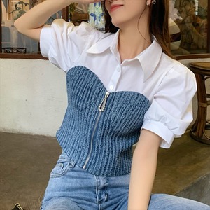 【送料無料】ブラウス 2色 ビスチェ風 半袖 ショート丈 カジュアル系 プチプライス 夏 20代 30代 レディースファッション 可愛い お出かけ 女子会 デイリーユース お茶会 お呼ばれ 異素材切り替えデザイン