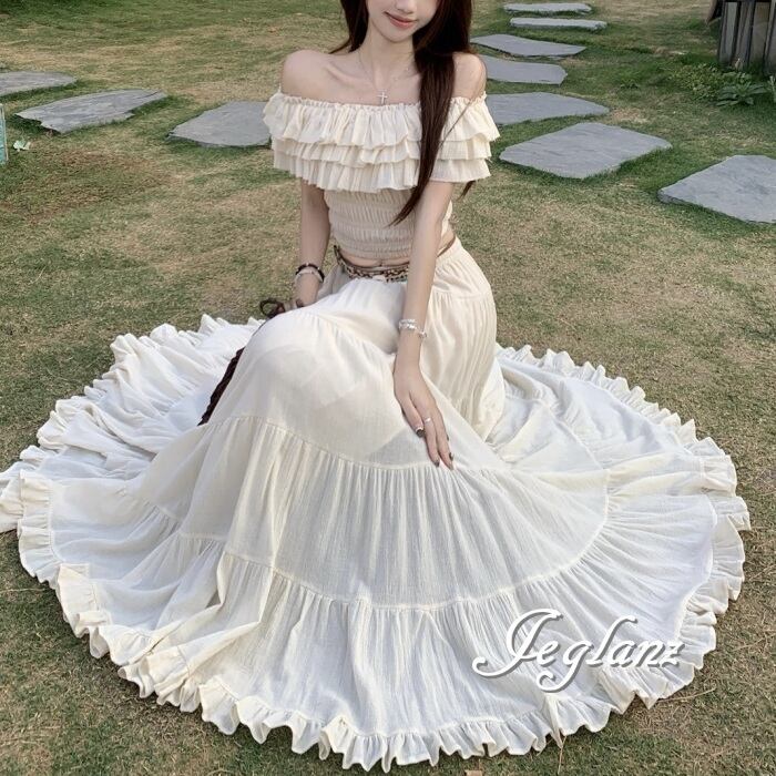 セットアップ 2点 短め丈 フリルカラー マキシ スカート 肌見せ(MA105)κ