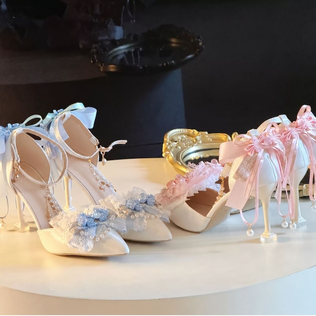 夢色フラワーリボンパールチャームパンプス：ヒール高さ8cm