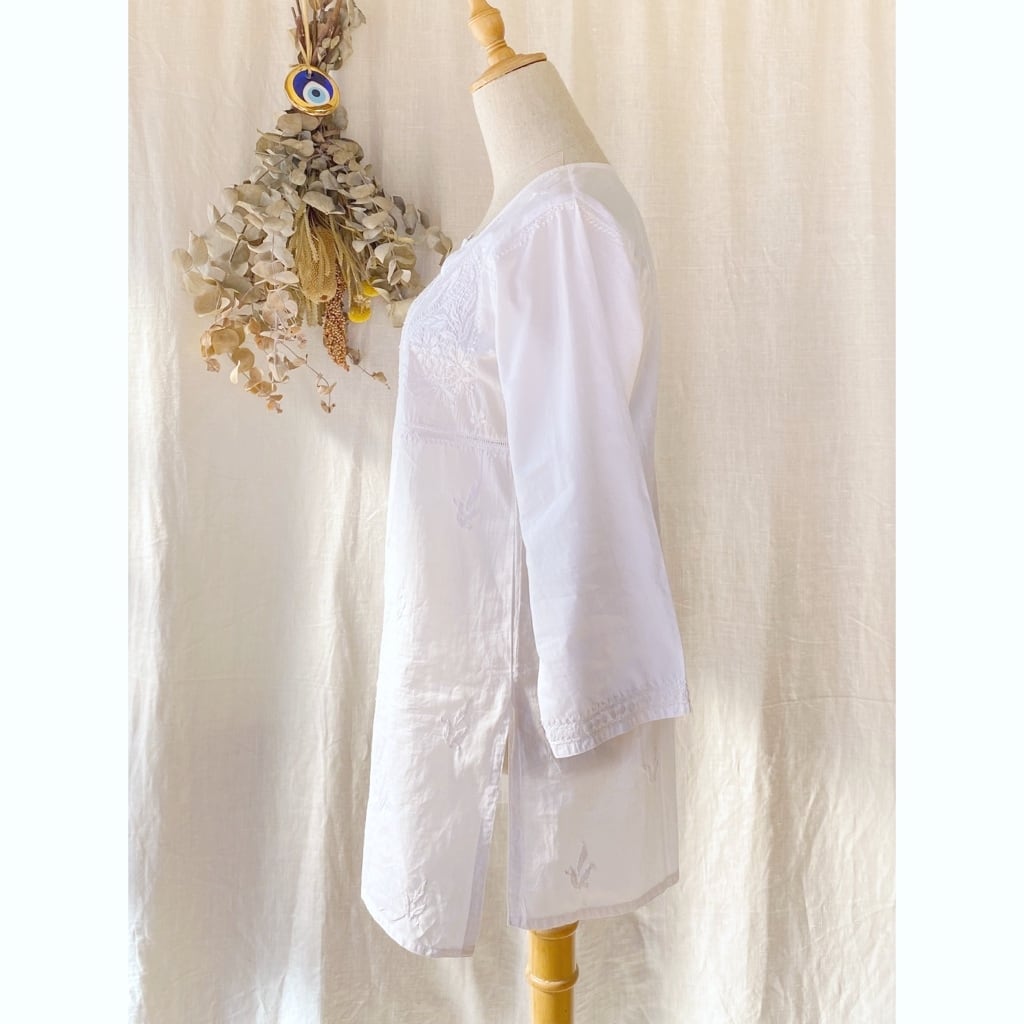 ドゥーブルー　インド綿刺繍トップス　薄手　長袖　オーバーサイズ　ネイビー
