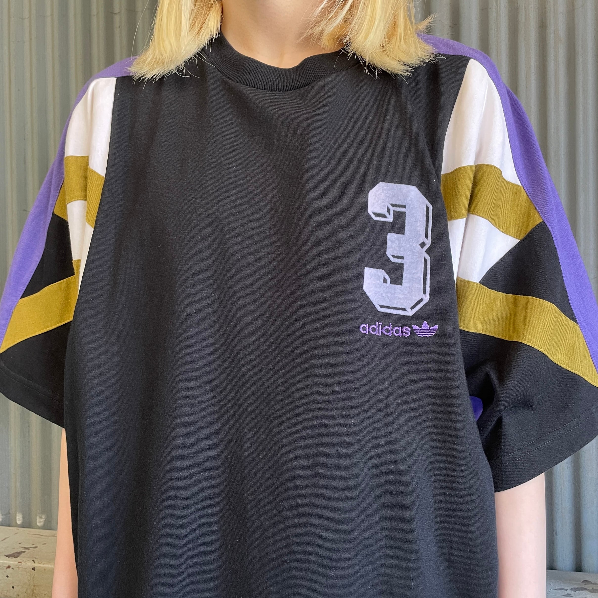 80年代 adidas アディダス 切替 サッカー フロッキープリントTシャツ