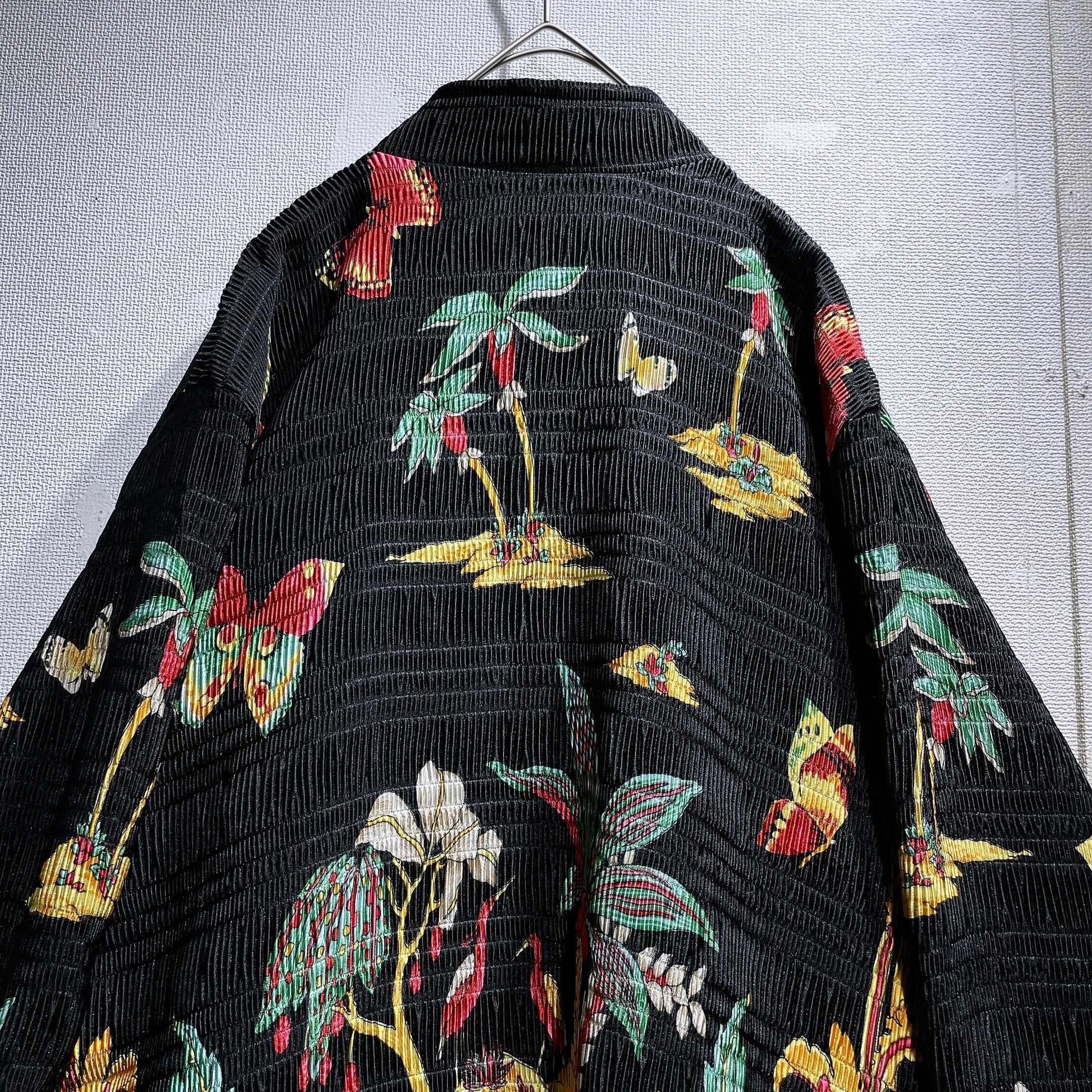 1990s ” pleat pleat ” Exotic Flower printed Black pleat zip jacket
