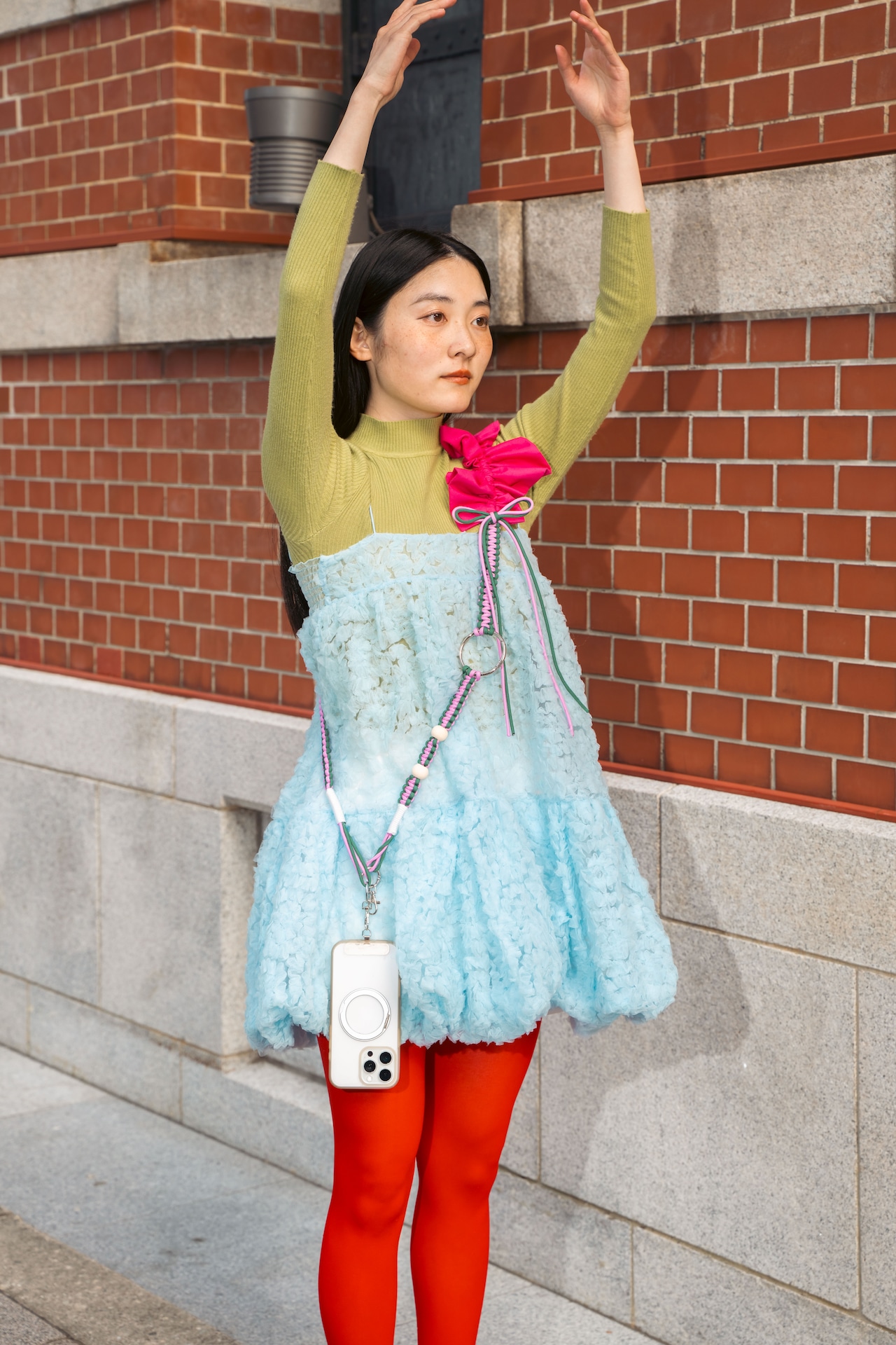 bi-tone frill strap Pink×Green