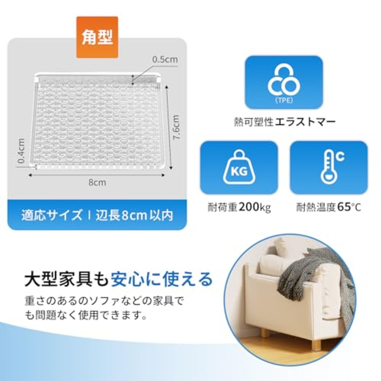 ZDDLOINP 滑り止めシート ソファ滑り止め 透明 8個入り キャスター 足 保護 家具・ソファー・ベッド・床・机・傷防止 防音シリコンマット 強力 (角型 直径8cm 透明)