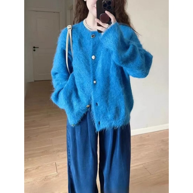 【カーディガン】カーディガン レディース おしゃれ きれいめ トップス シャギー ニット セーター ブルー 長袖 かわいい 韓国 トップス 20代 30代 40代 50代 春 秋 冬 レディース ニット S M L