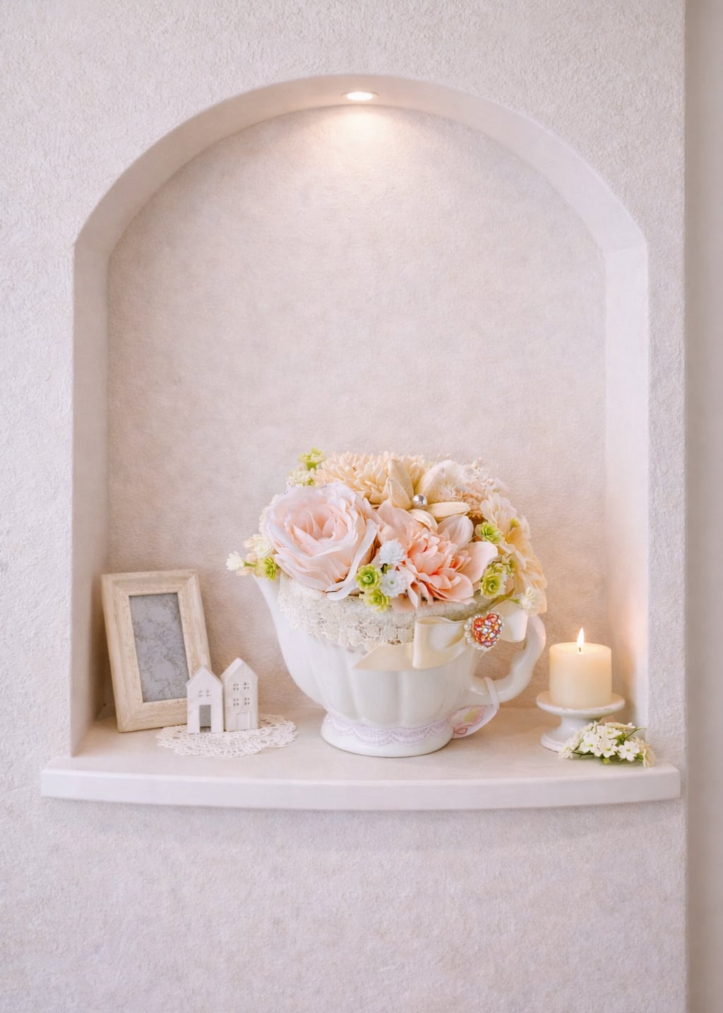 花咲くティーカップ【FA-002】H12㎝|白の陶器│フリルレース付│ギフト│インテリアにおすすめ