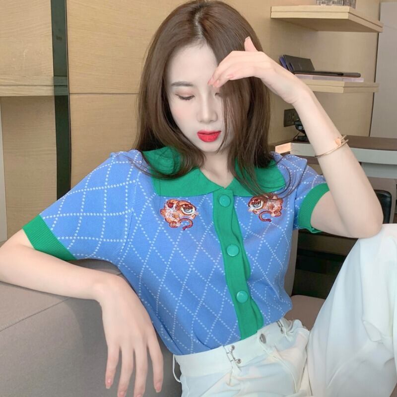 サマーレッドスリム刺繍薄手ニットトップス レディース 夏物 ハンチェンe77810275597