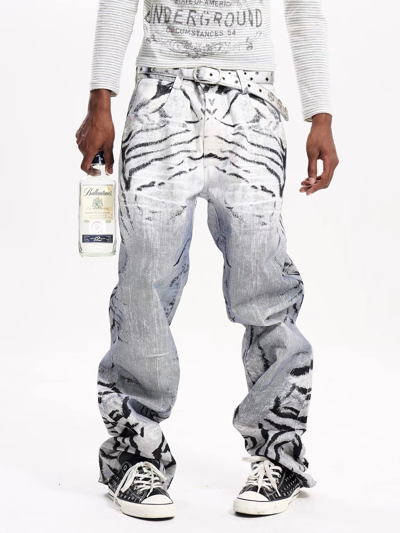 【Fourth3ex】Zebra Print Distressed Denim Pants