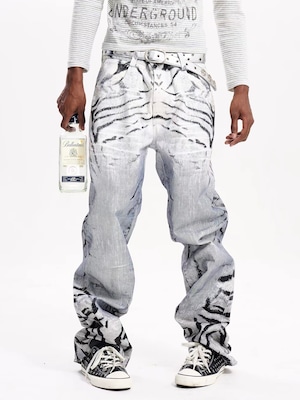 【Fourth3ex】Zebra Print Distressed Denim Pants
