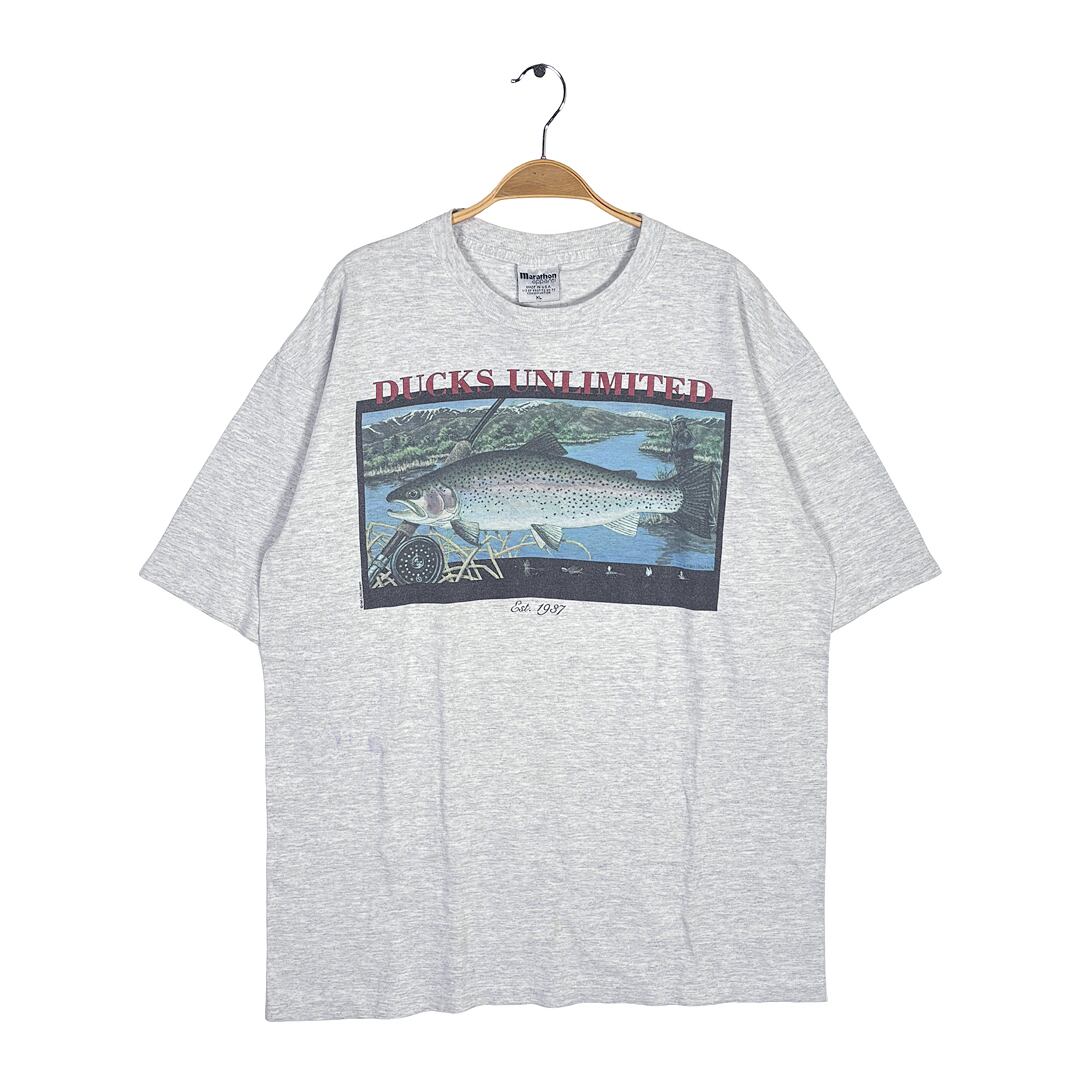 90s トラウト マス USA製 ヴィンテージ Tシャツ フライフィッシィング 毛針 グレー シングルステッチ サイズXL BZ0674
