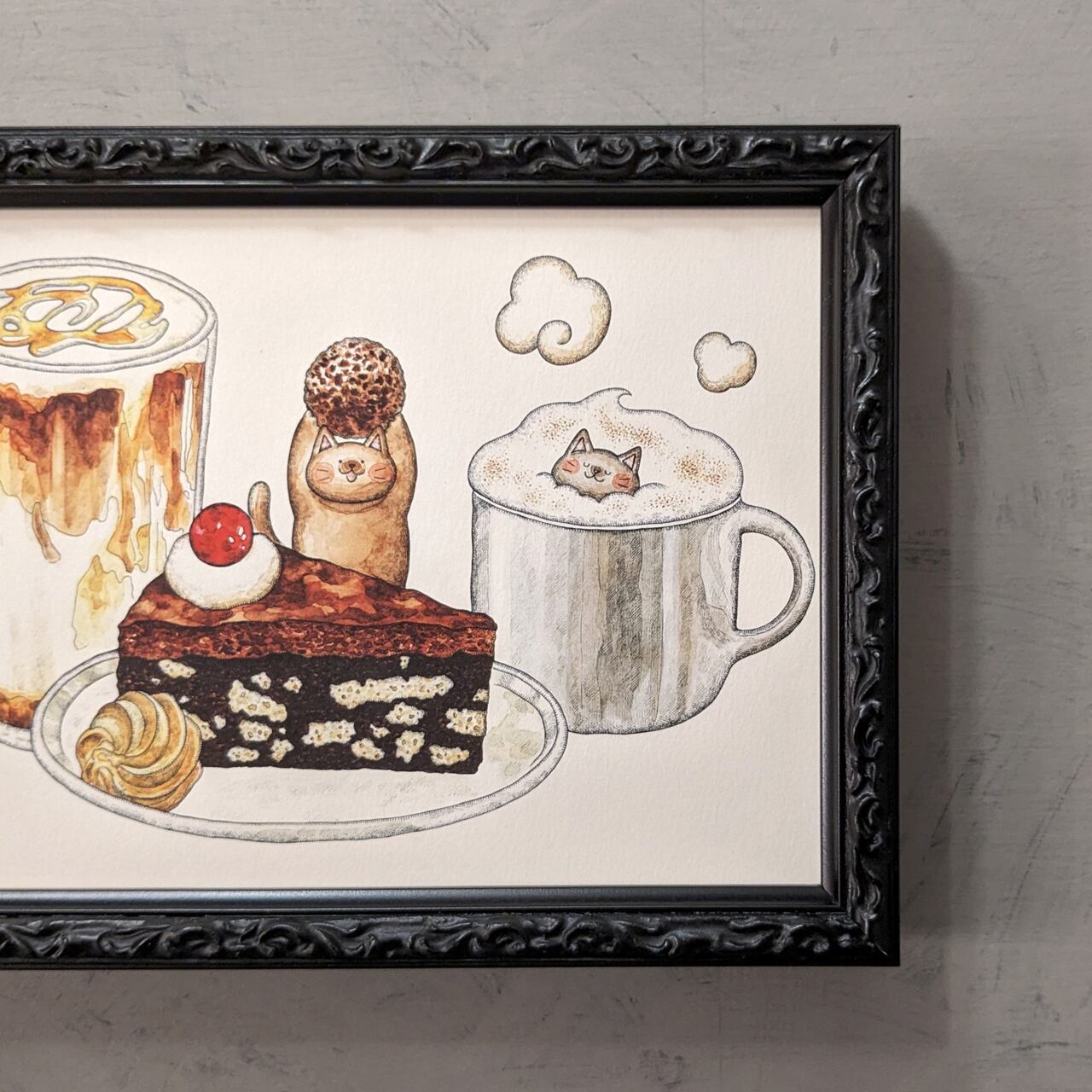 絵画。原画手描【週末、猫ちゃんたちのコーヒーとパンのパーティー】 4010eb3bbecc7712d65584279b6830