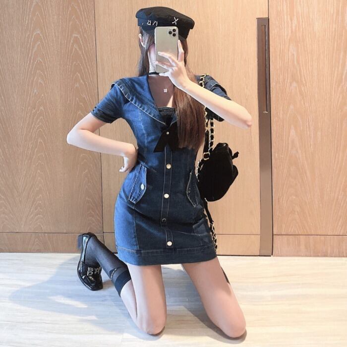 スカート サマースタイルスタンダードネイビーレッドスリムドレス レトロ 夏物 ドラファッションホール77956899589