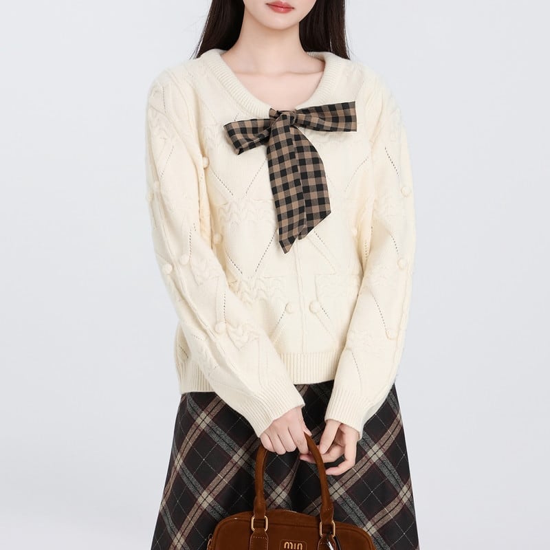 checke-ribboncanle-knit retro sweater m1347