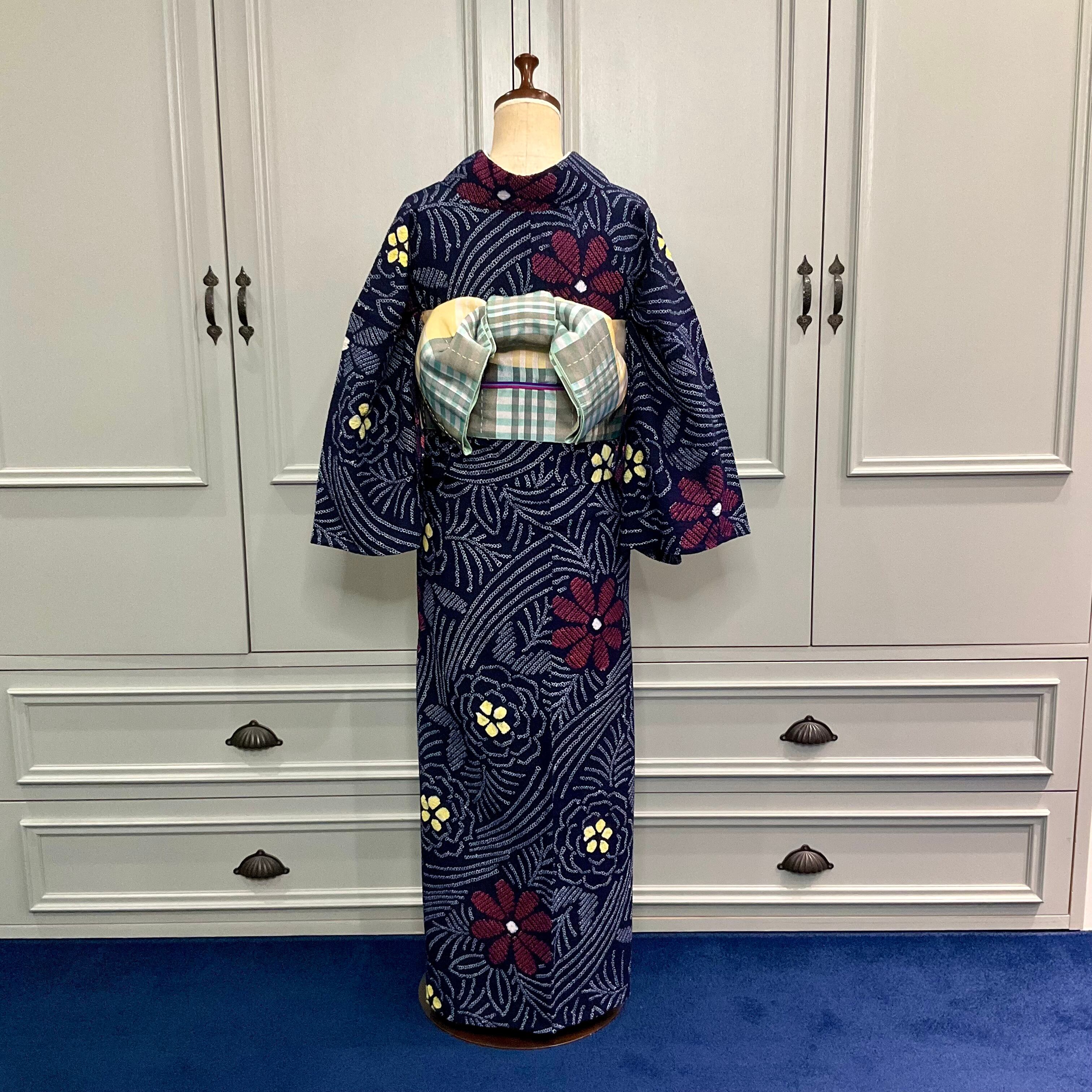 long＊夜風の花＊総絞り レトロ 花 フラワー 濃紺 紺 ネイビー レッド