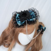 ♡【全2色】姫GAL 黒薔薇&豹柄 ダブルフリルリボンヘアクリップ black×vivid blue ♡