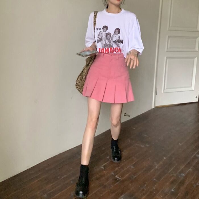 ウェストスカート スプリングショートプリーツ ピンク 春物 モンロー46941367417