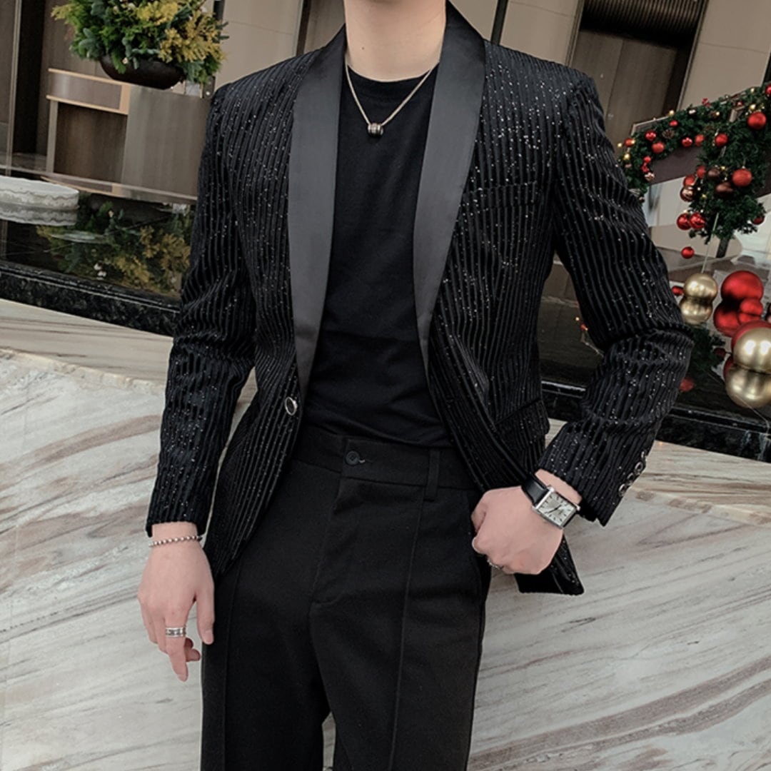 韓国風 ストライプ スパンコール スリムジャケット A1586