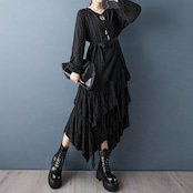 プリーツ ティアード ブラックワンピース 00208