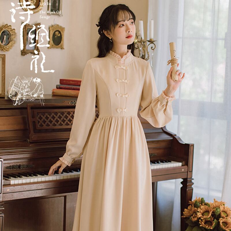 诗经礼シリーズ チャイナ風ワンピース 3color チャイナボタン 着痩せ ベージュ レッド ブラック S M L 気質アップ ストリートファッション通販 Kodo Vip