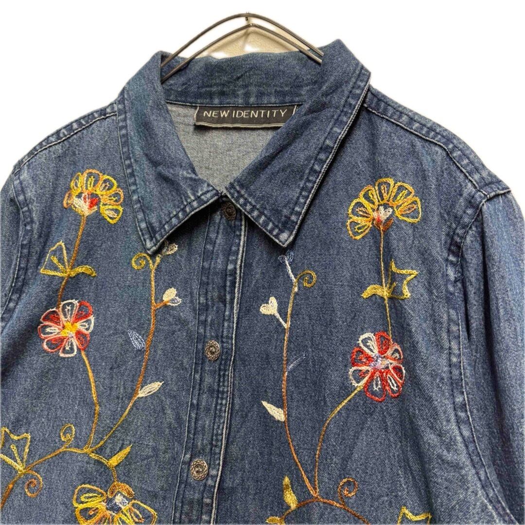 90s 刺繍デザイン デニムシャツ 花柄 レディースM ヴィンテージ