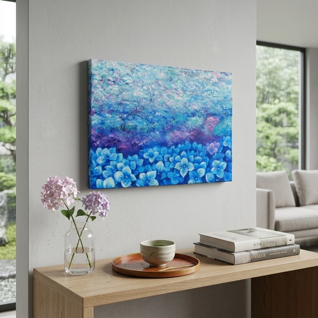 油絵・原画】雨上がりの奇跡 〜光満ちる紫陽花畑〜（F4号） ｜ 紫陽花