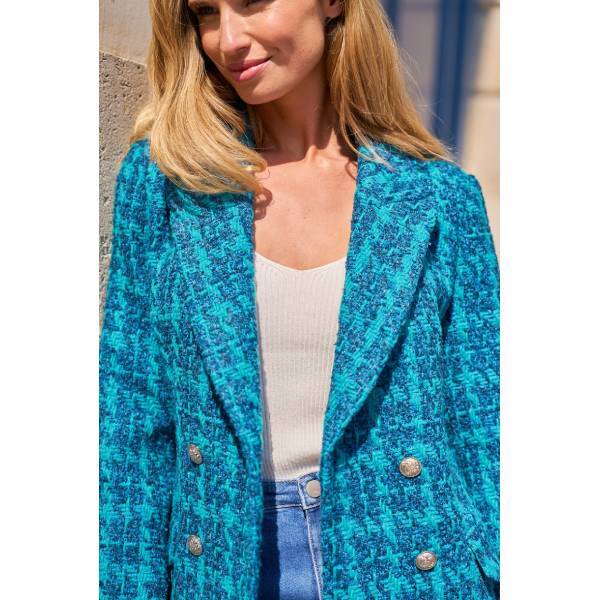 ブルー 千鳥格子ツイード チェスターコート ウール混 ロングコート