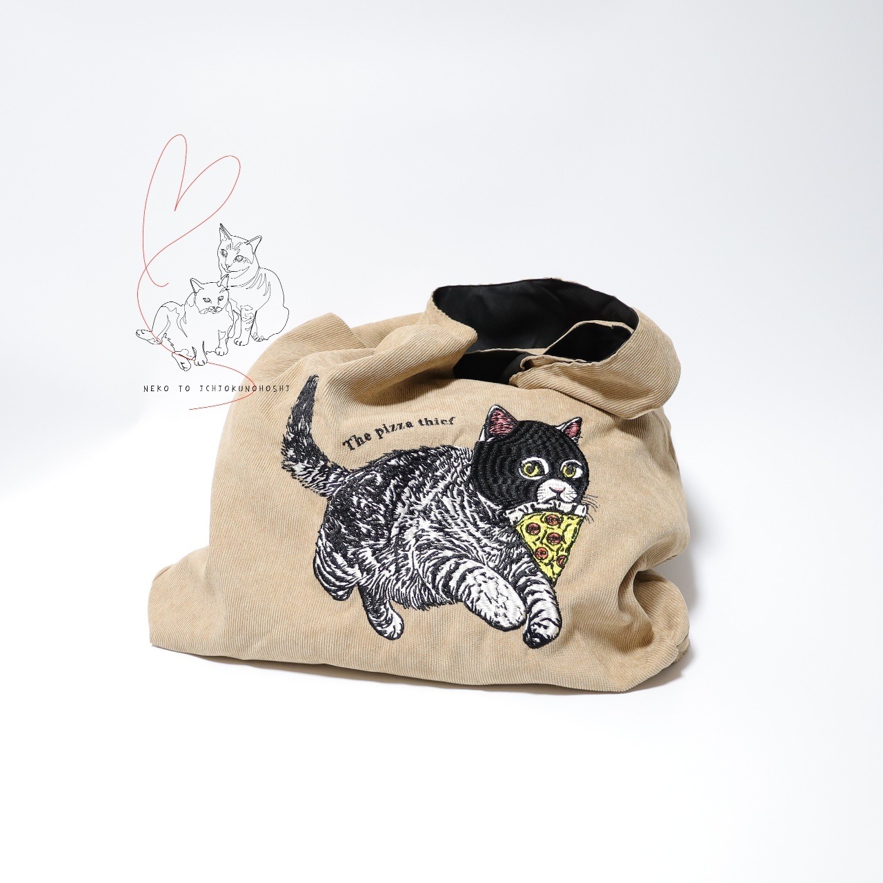 Jubilee 猫デザイン刺繡コーデュロイトートバッグ ベージュ