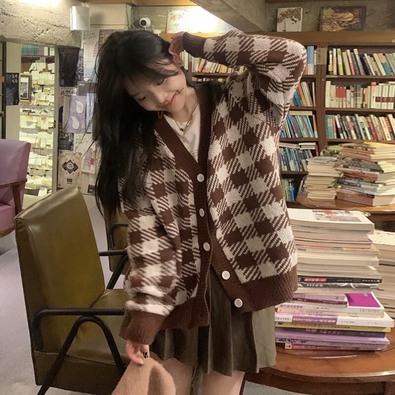格子柄セーター ジャケット オータムウィンタールーズスタンダードスタイルニットカーディガン レトロ 秋物 冬物 スーパーモール38708691543