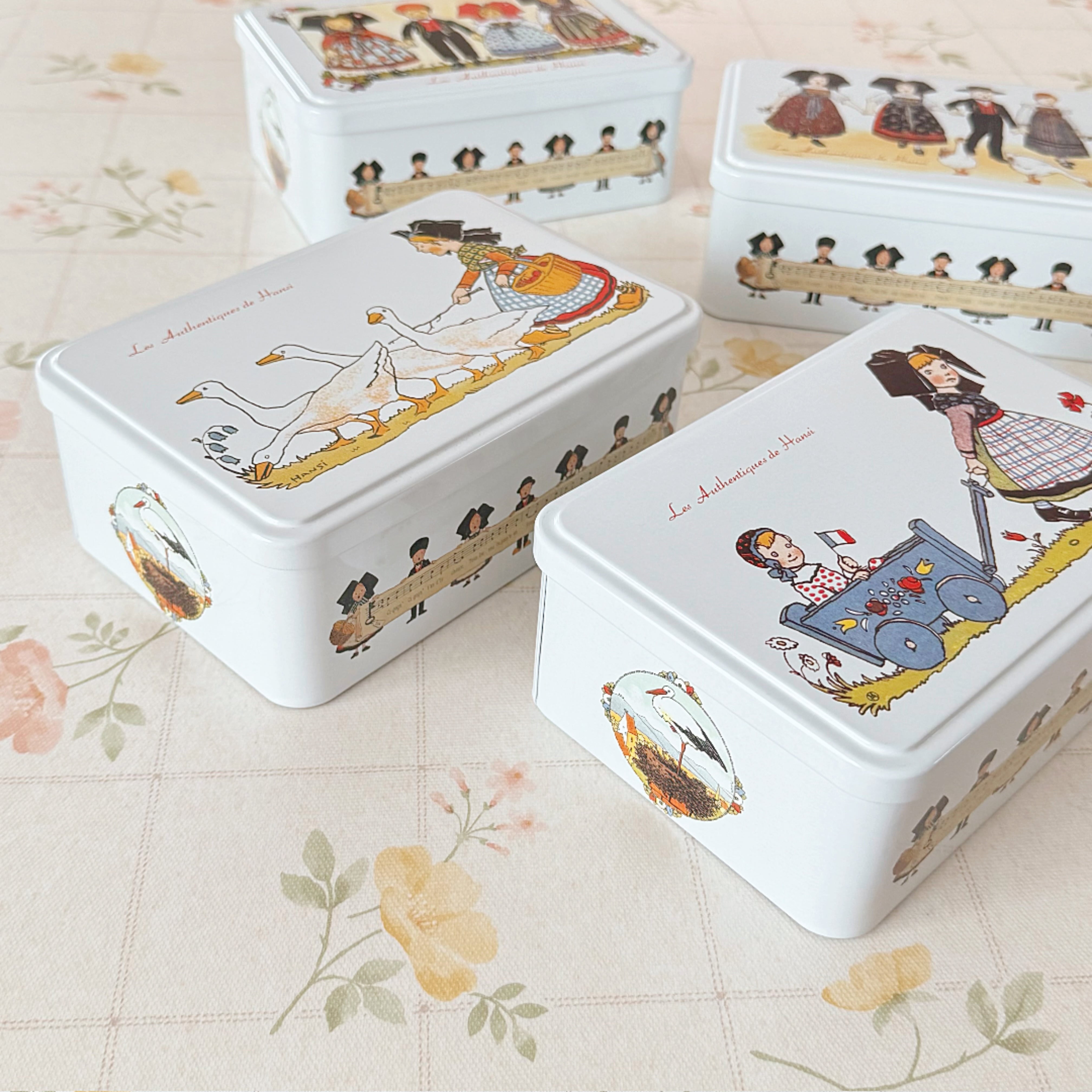 フランス雑貨 新品 保存用の缶2つセット フランスの絵本みたいなTIN缶 長方形 全4種☆Hansi アルザス ブリキ缶
