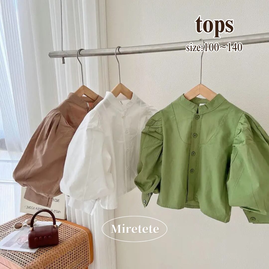 【取寄】ボリューム袖が目を惹くノーカラーブラウス