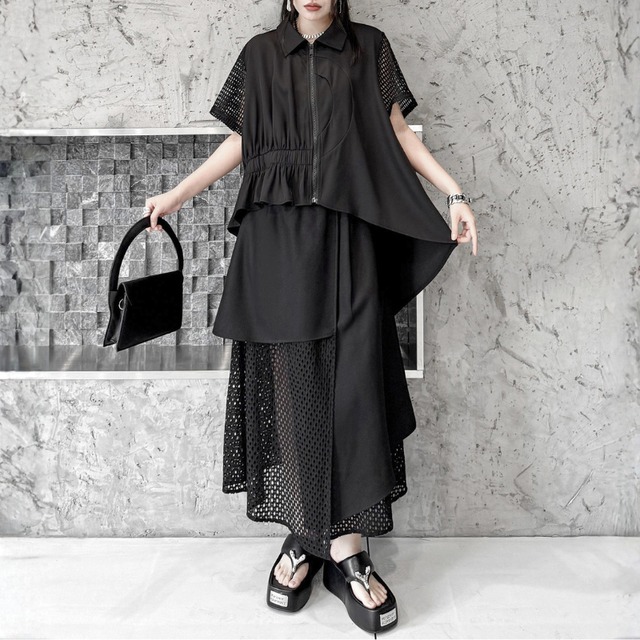 Asymmetric mesh sleeve shirt C1561