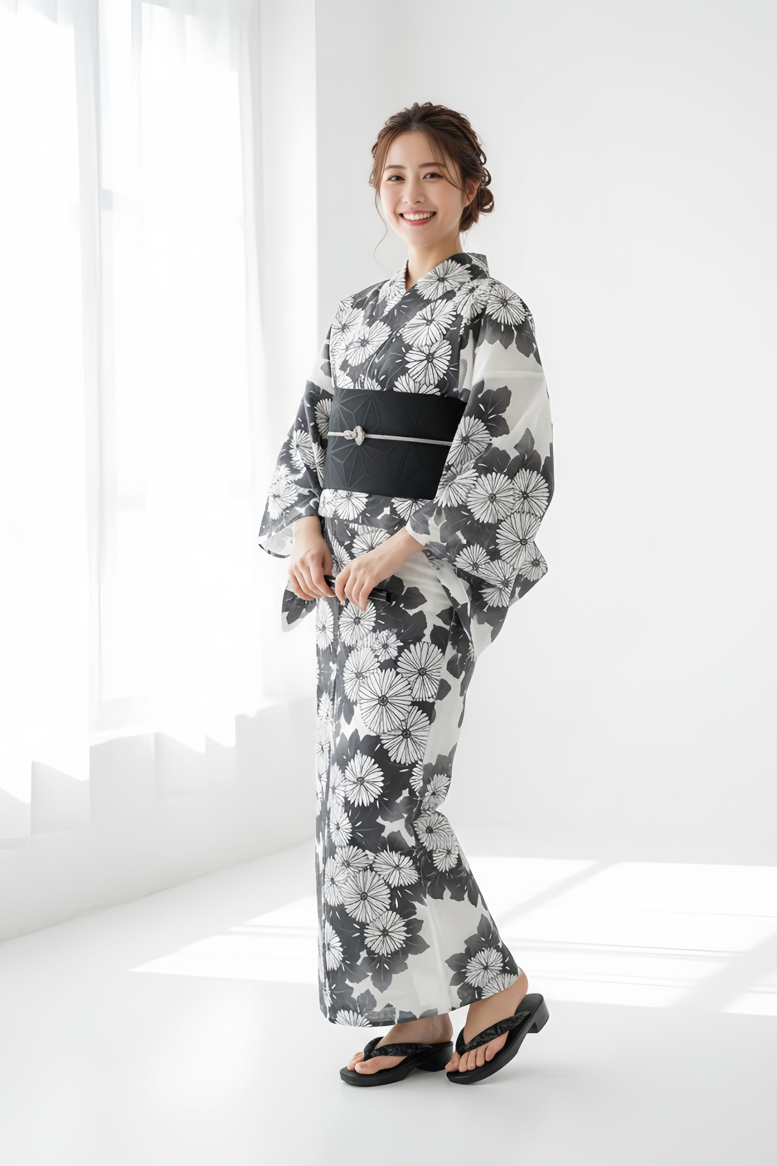 浴衣ジェンヌ 浴衣5点セット 白×黒 流れる菊 綿 ゆかた 半幅帯 浴衣