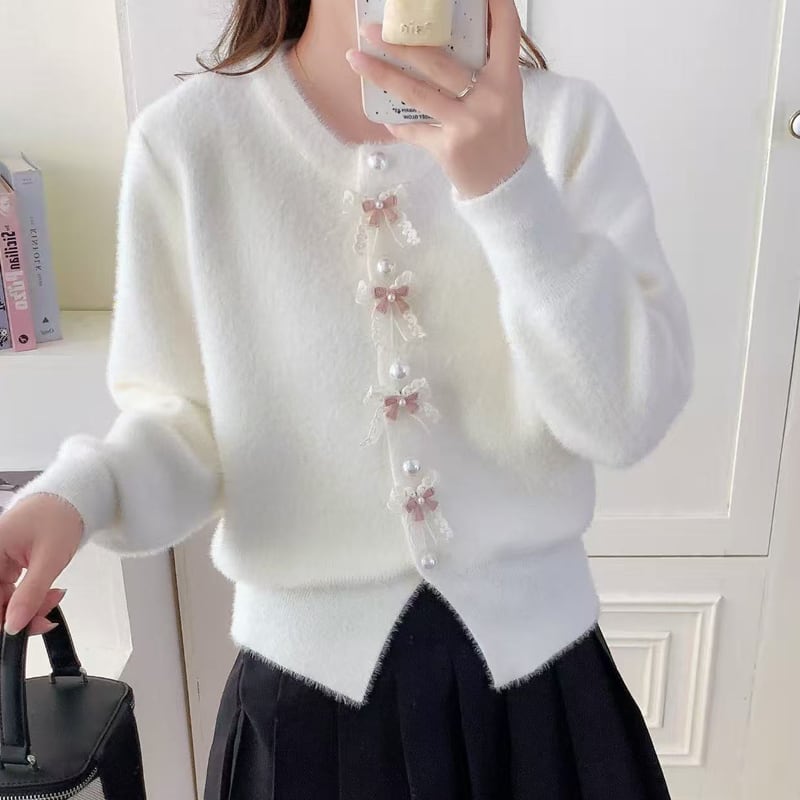 【outer】3色展開リボン付きニットカーディガン Q7918