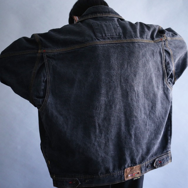 yellow stitch and multi wappen over size box silhouette  zip-up black denim jacket