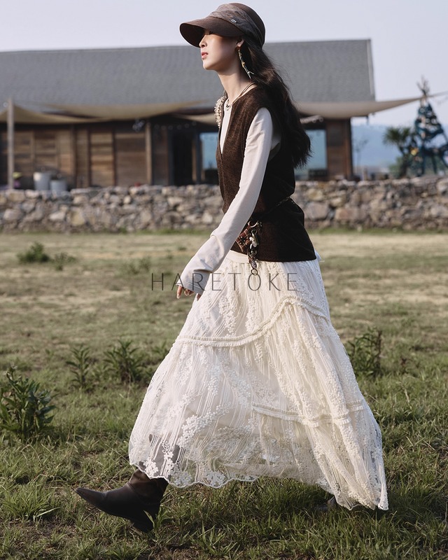 フレンチロマンチックフラワー刺繍Aラインスカート　SK200710