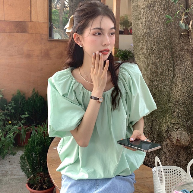 ブラウス 半袖 ボリューム袖 韓国 ファッション レディース オルチャン 春 夏 無地 体型カバー Cocotown ブラウス 半袖 ボリューム袖 韓国 ファッション レディース オルチャン 春 夏 無地 体型カバー Cocotown