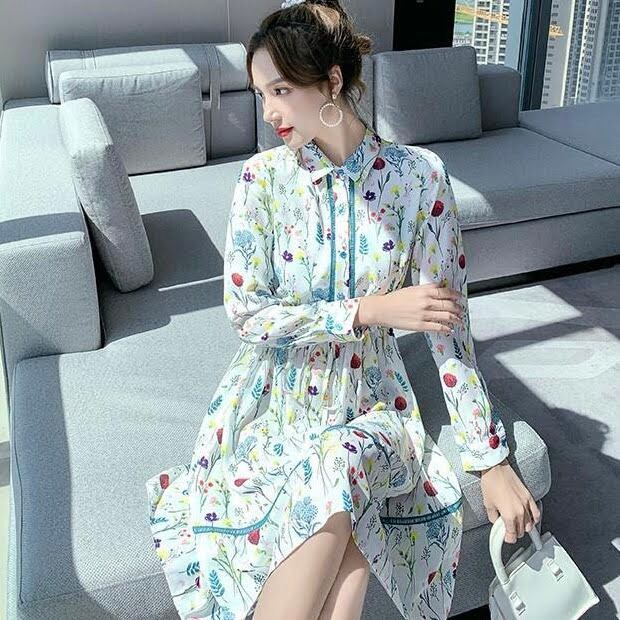 ボタニカル柄 シフォンシャツワンピース エメラルドグリーン | LILIANA