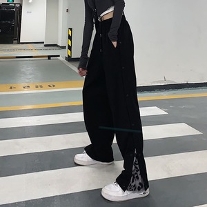 ボトムス レディース 送料無料 ブラック サイズ6展開 M L XL 2XL 3XL 4XL 大きいサイズ パンツ ワイド カジュアル ヒョウ柄 かっこいい クール ルーズ マニッシュ ハイウエスト モノトーン 黒 調節 ボタン サイド 切り替えデザイン バイカラー リラックス おしゃれ スポーツ 10代 20代 30代 ウエストゴム 韓国 オルチャン 韓国ファッション