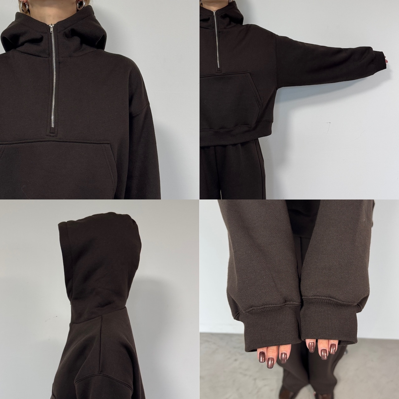 裏起毛ハーフZIPショート丈PK/ダークブラウン