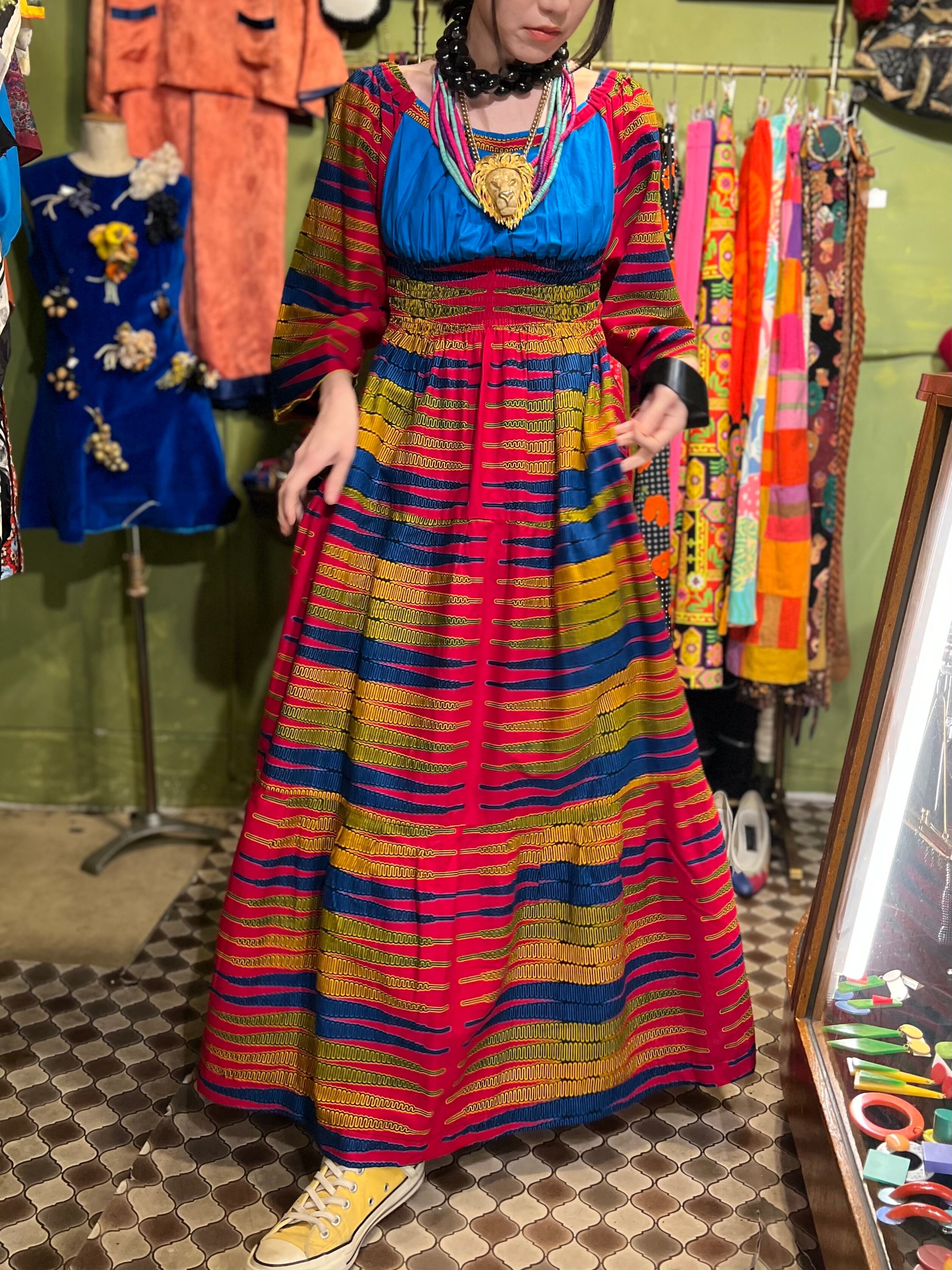 70s african batik fuchsia pink × blue yellow cotton dress 