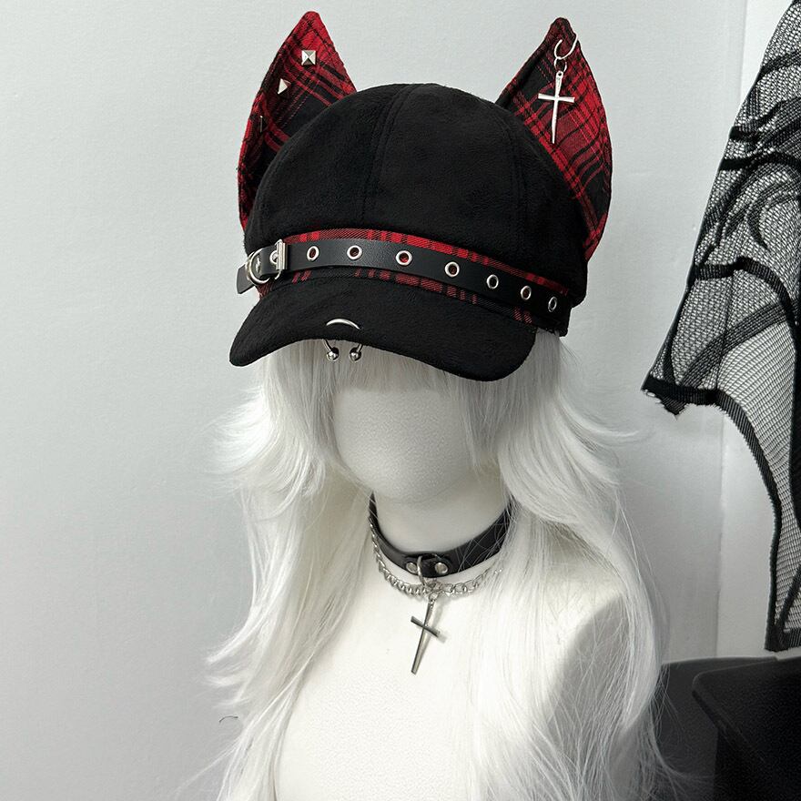 地雷系 猫耳キャップ チェック柄×十字架装飾 ライブ向け｜WithU