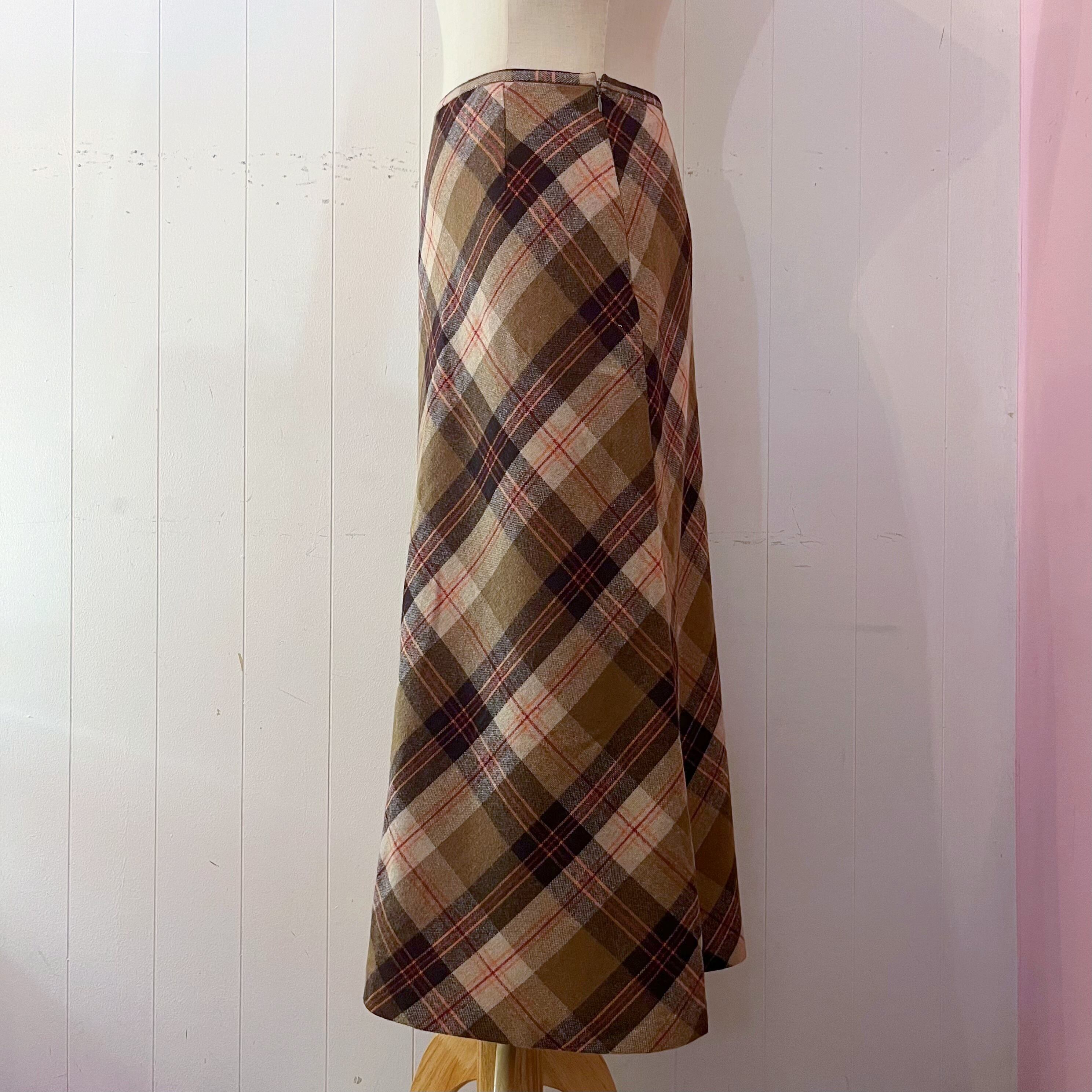 orange check wool long skirt